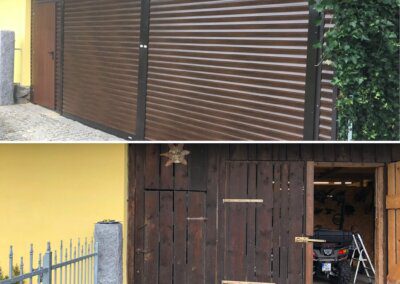 Rolovací garážová vrata imitace ořech na elektrický pohon a obložená stěna